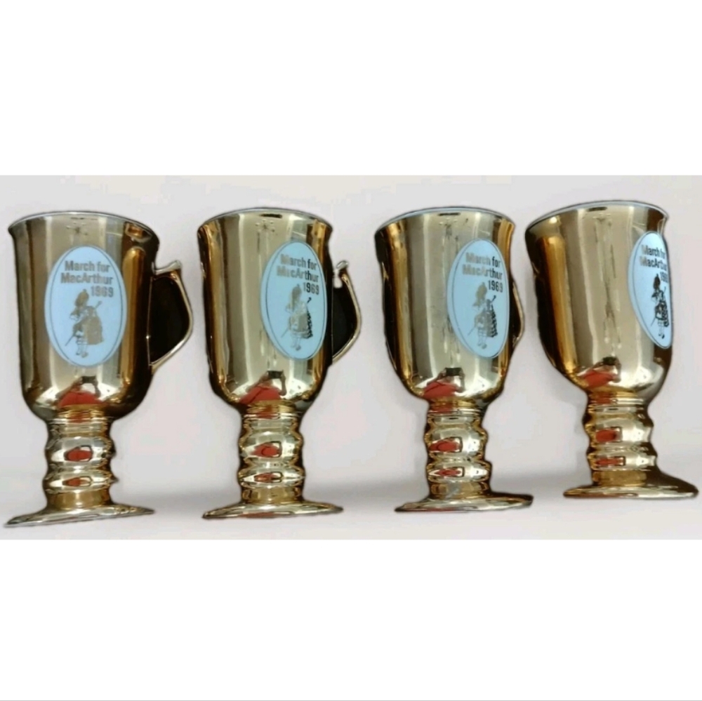 (Set 4) Vintage Hall Gold Plated March For Macarthur Pedestal Coffee Mugs 1969'